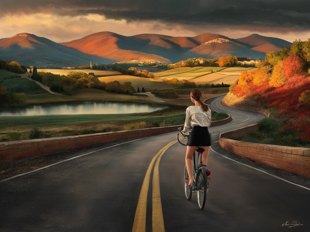 Appian Way: Woman Cycling in Autumn Landscape