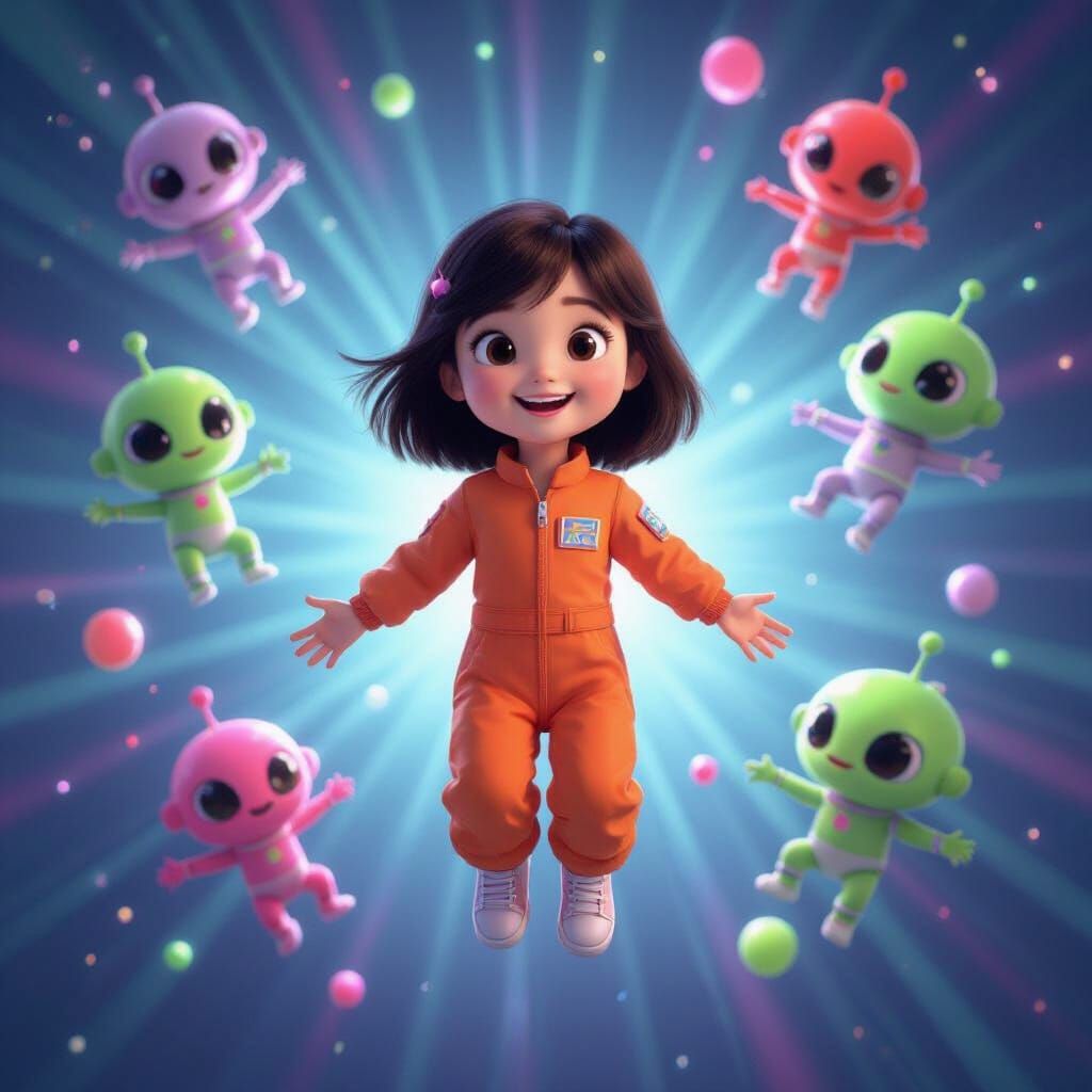 Girl in Space with Aliens, 3D Digital Art