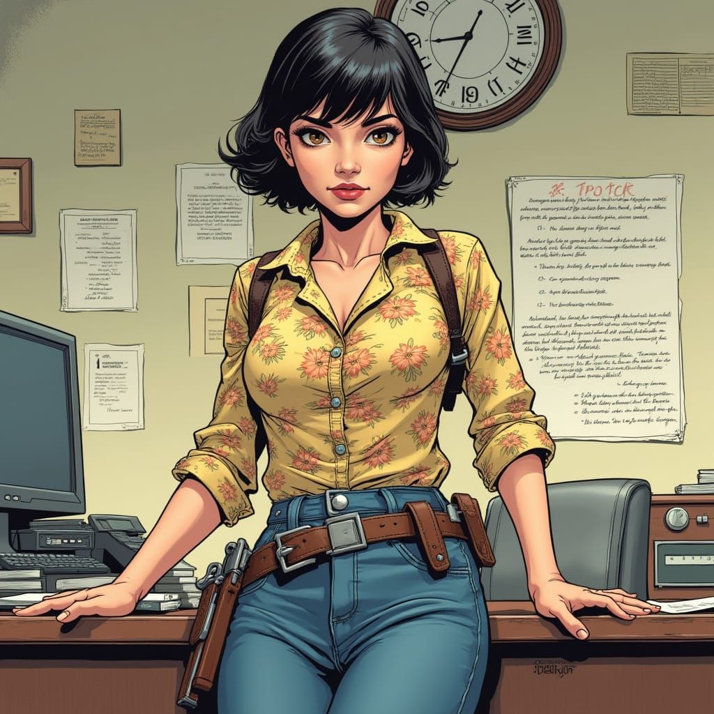 Comic Art: Female Detective in Police Office