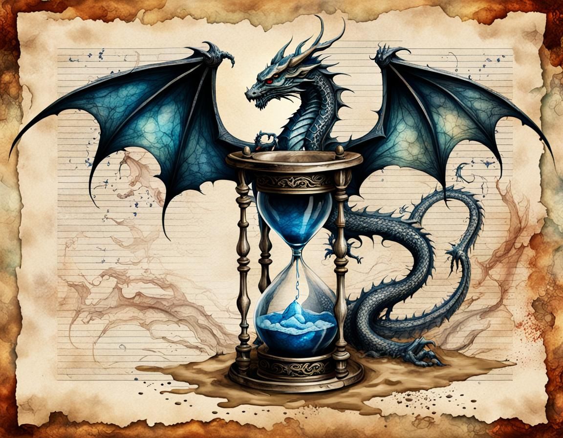 Gothic Hourglass with Dragon in Watercolor Style