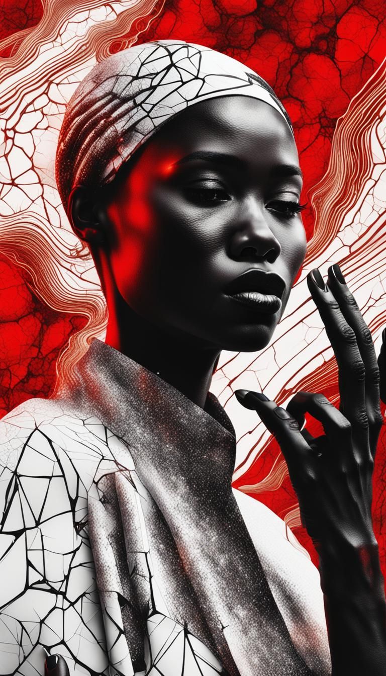 Noir Woman with Golden Cracks and Fire Tattoo