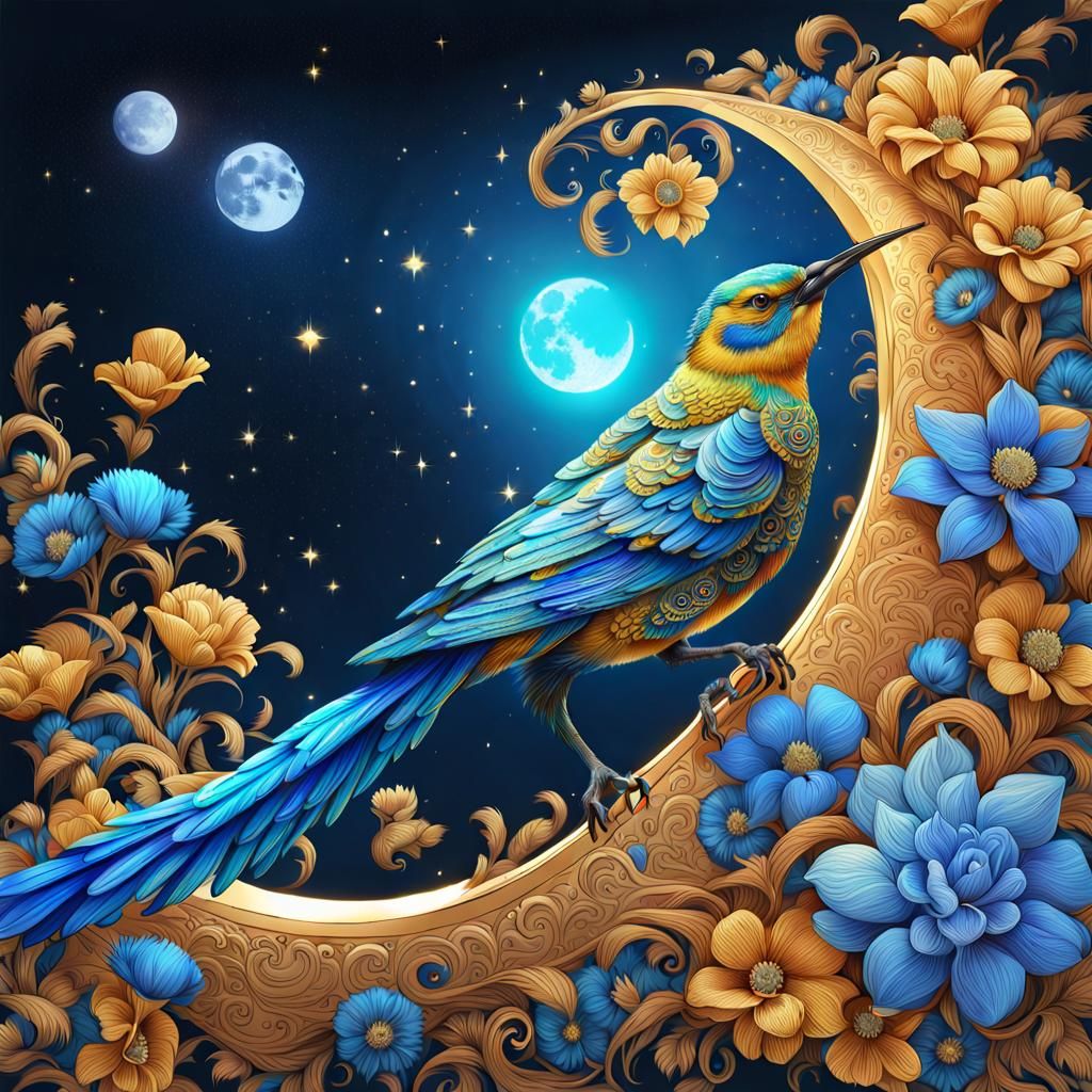 Golden and Blue Bird on Floral Crescent, Detailed Ink Drawin...