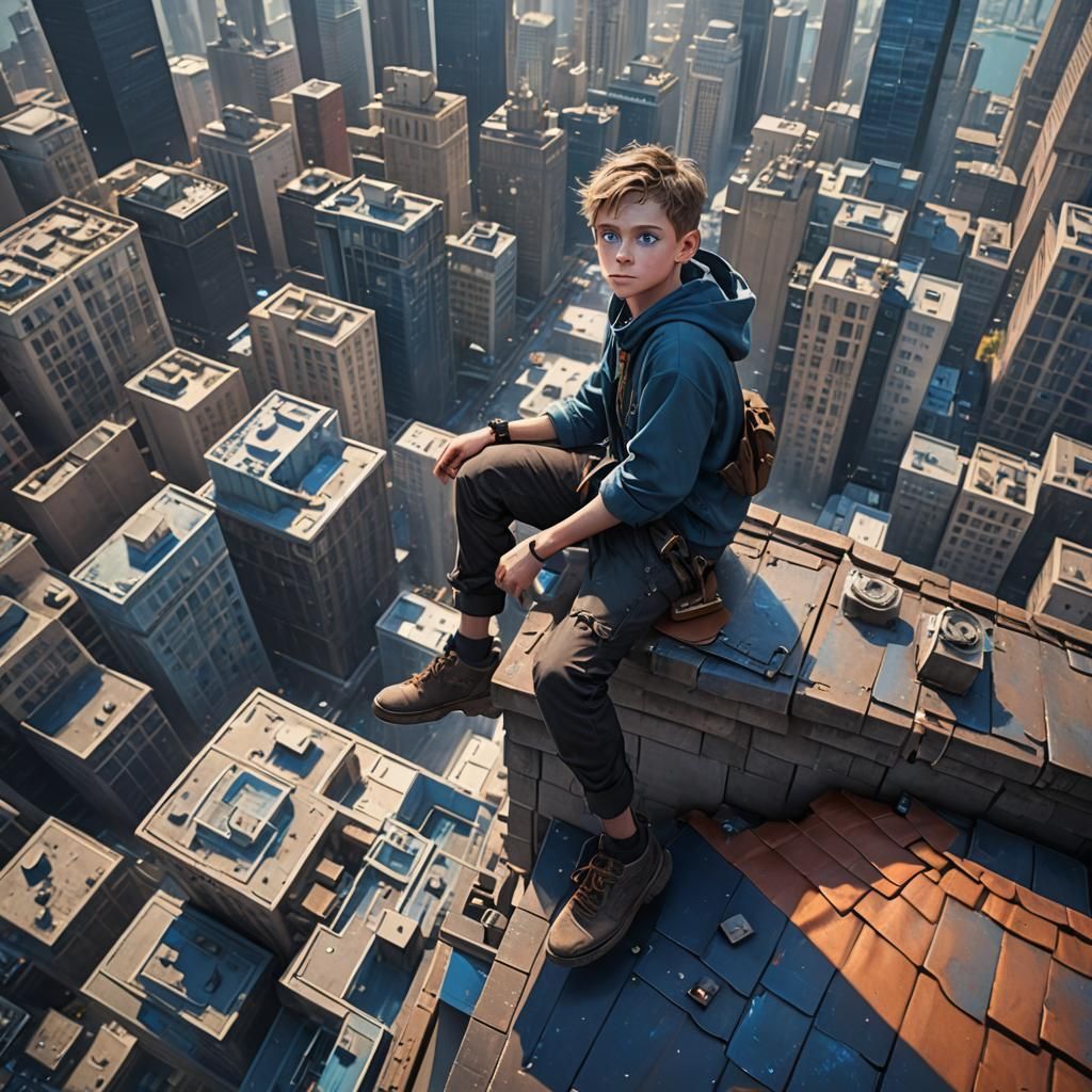 Boy on Skyscraper Edge: Fantasy Concept Art