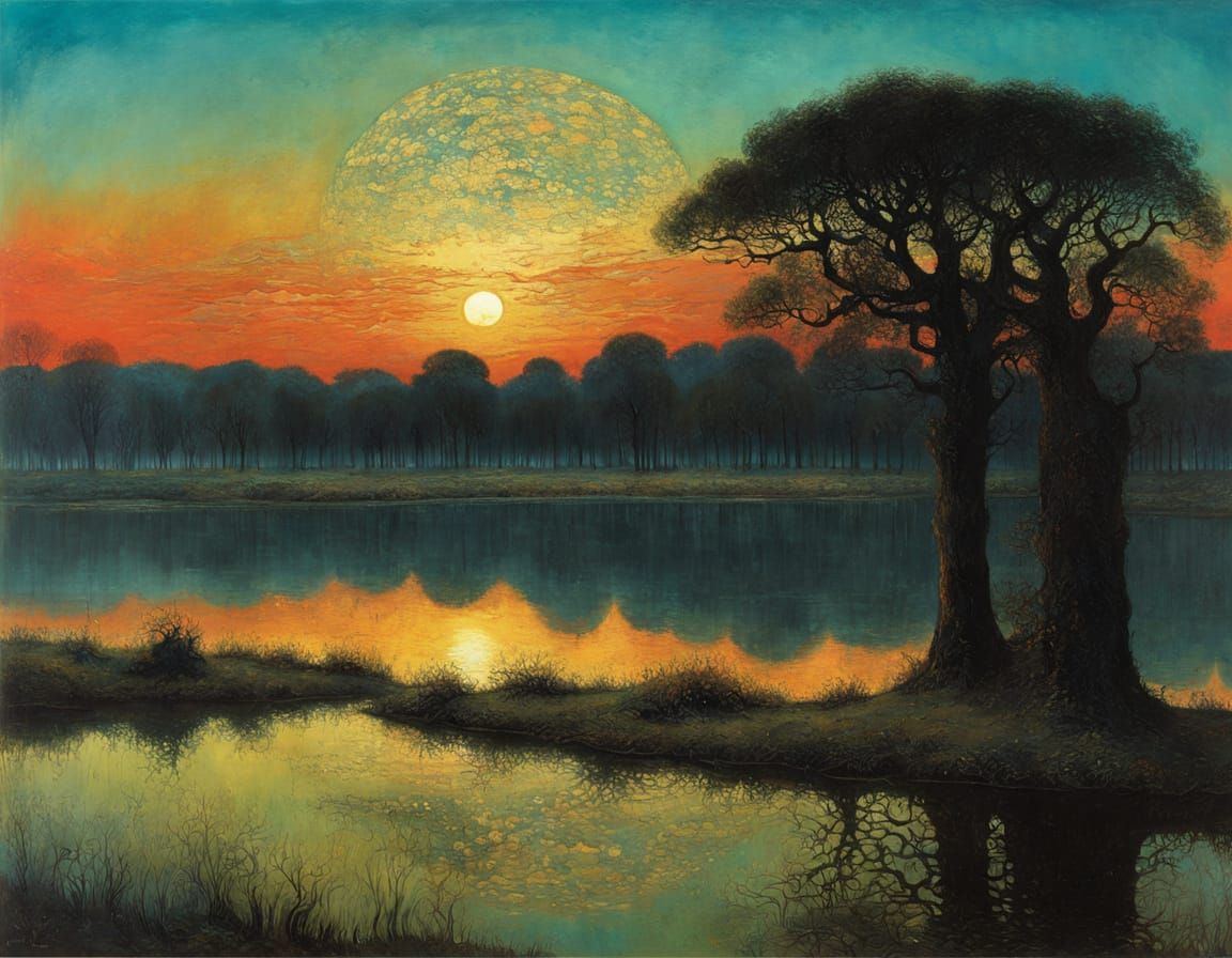 Mysterious Dusk Landscape with Ancient Oak Trees