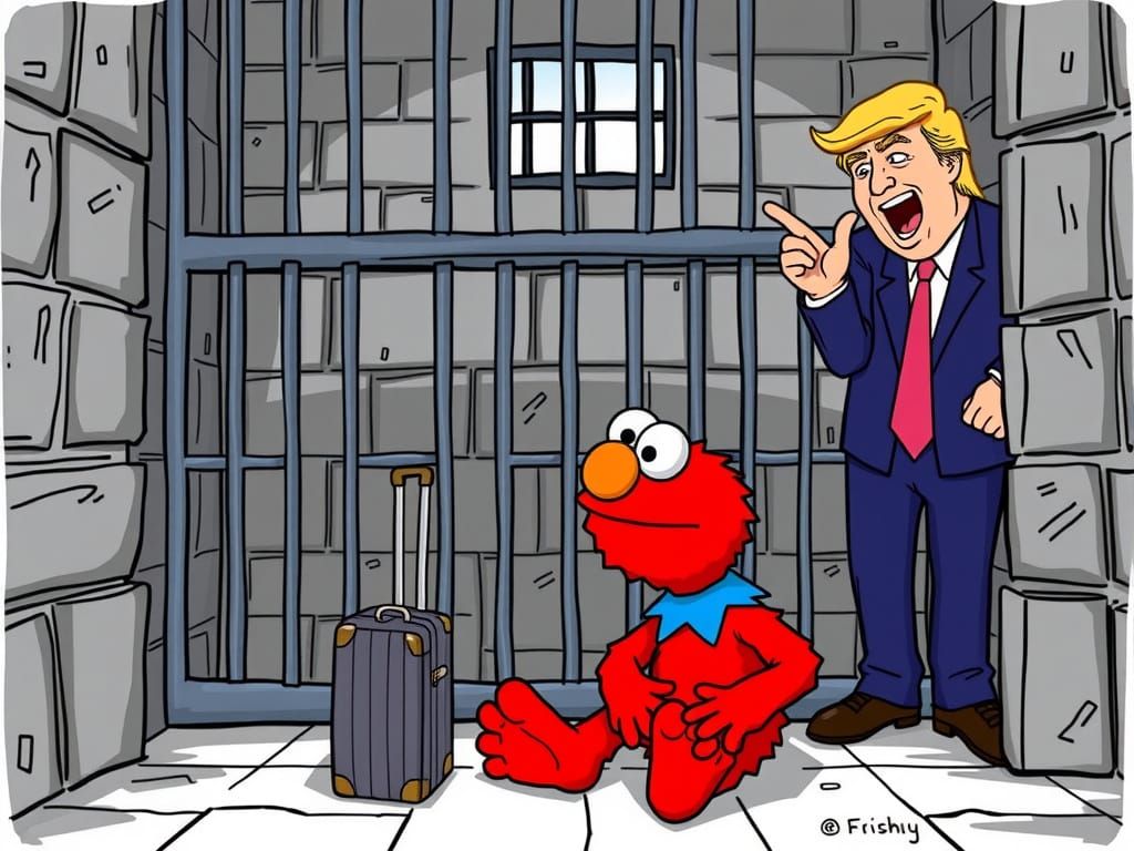 Elmo's Humorous Prison Sentence in a Satirical Artwork