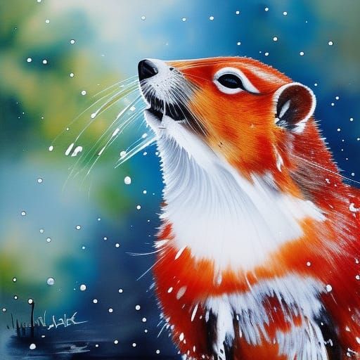 Red Squirrel in Snow with Ink Splashes