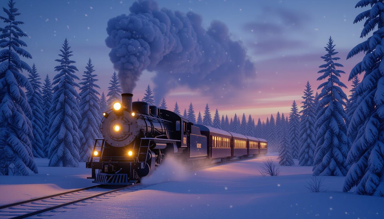 Vintage Winter Train Through Snowy Forest