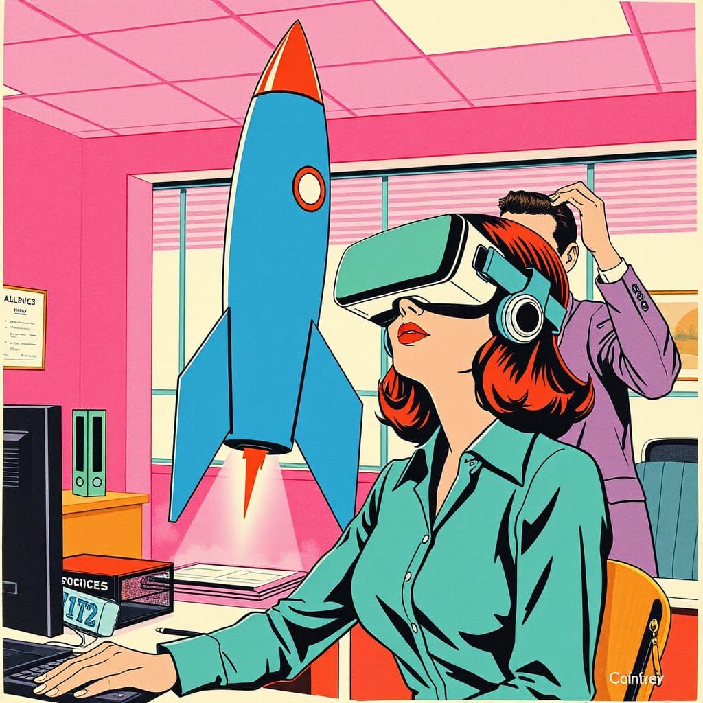 Woman in 1960s Office Wears Vintage VR Glasses Amidst Rocket