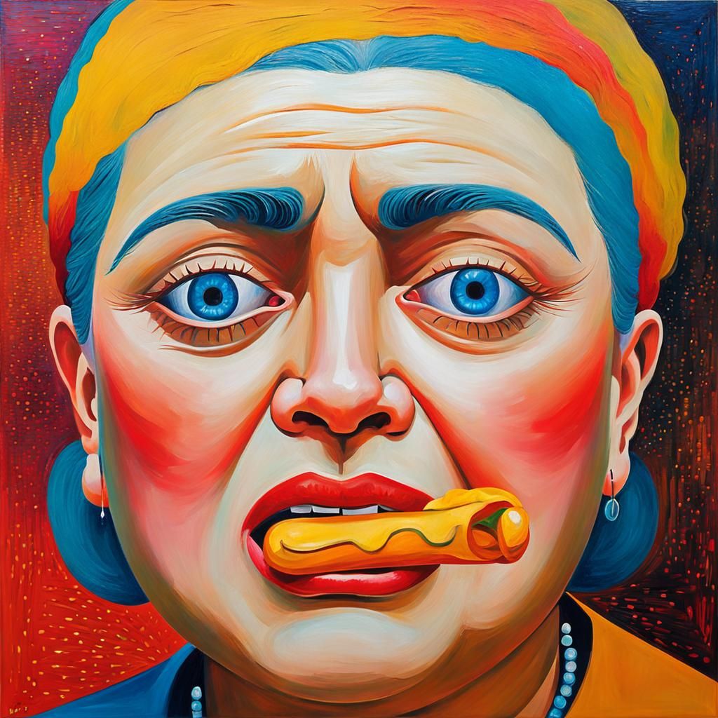 Crying Woman Eating Hotdog: Modern Acrylic Portrait