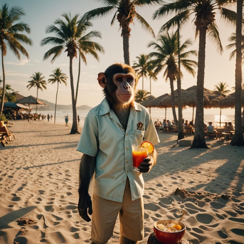 Monkey in Bowling Shirt Sipping Cocktail on Beach