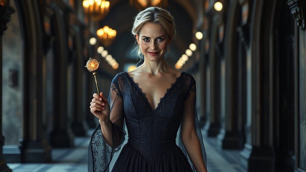 Enchanting Witch in Elegant Castle Corridor