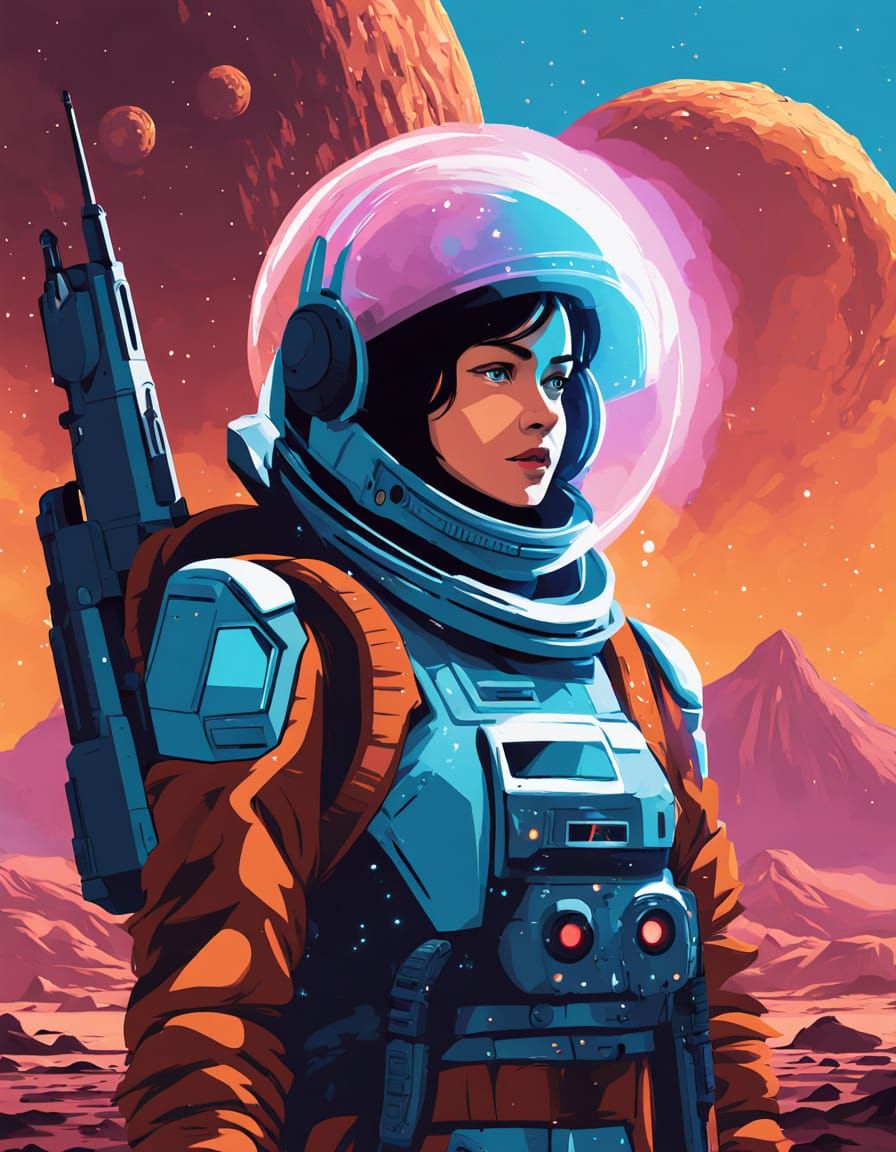 Female Astronaut in Sci-Fi Landscape with Blaster Rifle