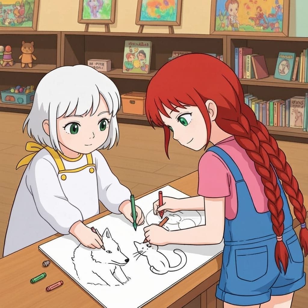 Children's Drawing of Girls Creating Art in Ghibli Style
