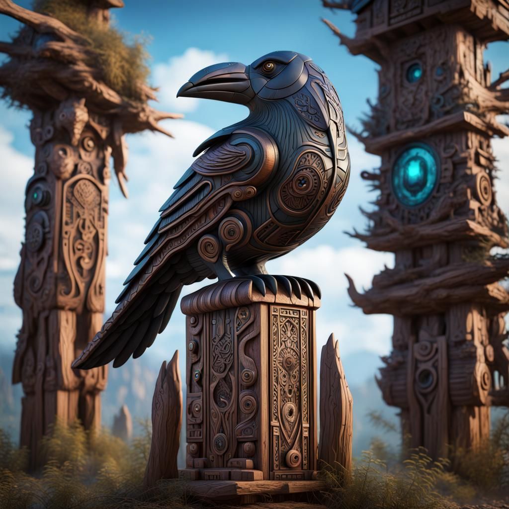 Robotic Raven Wood Carving Totem in Detailed Matte Style