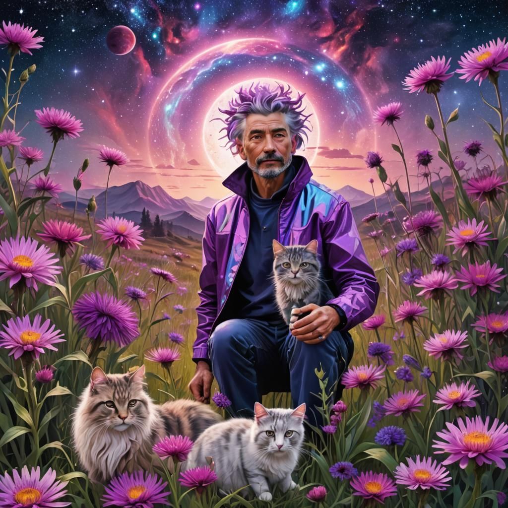Caravan Man and Cat in Flower Field, Astral Illustration