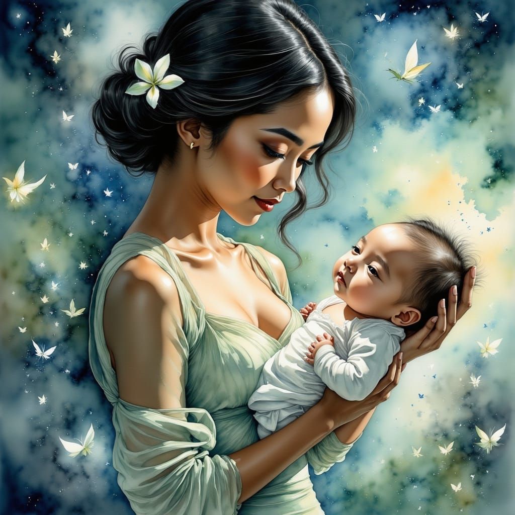 Surreal Portrait of a New Mother and Infant in Dreamlike Lan...