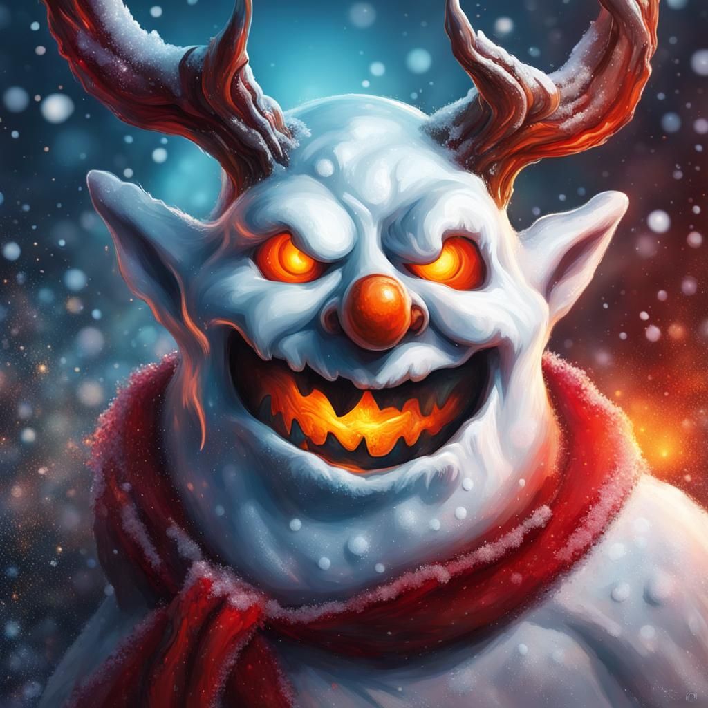 Demon Christmas Snowman Portrait in Hyperrealistic Splash Ar...