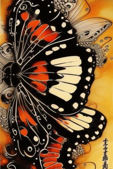 Geisha with Butterflies in Ink Wash Style