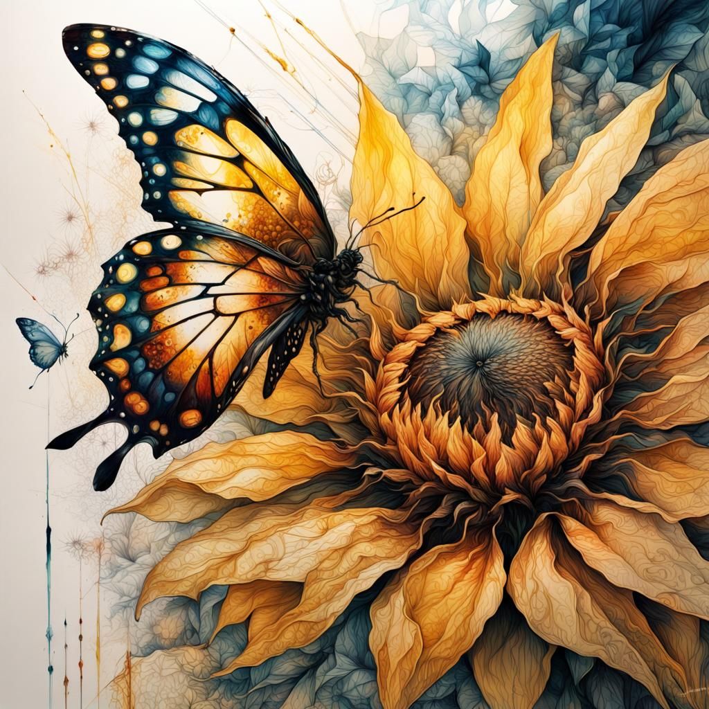 Sunflower and Butterfly Illustration in Stylized Ink Art