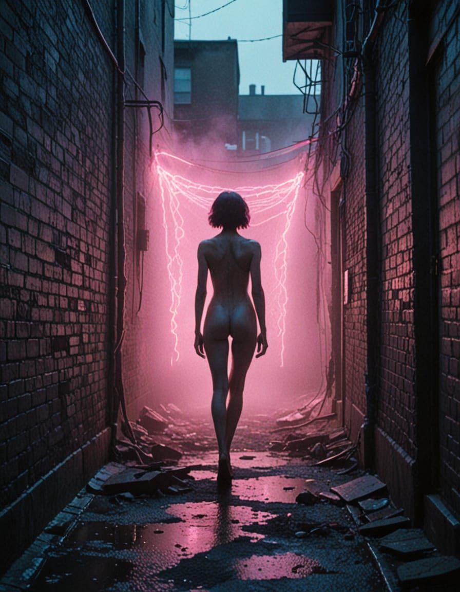 Surreal Figure in Neon Alleyway Concept Art