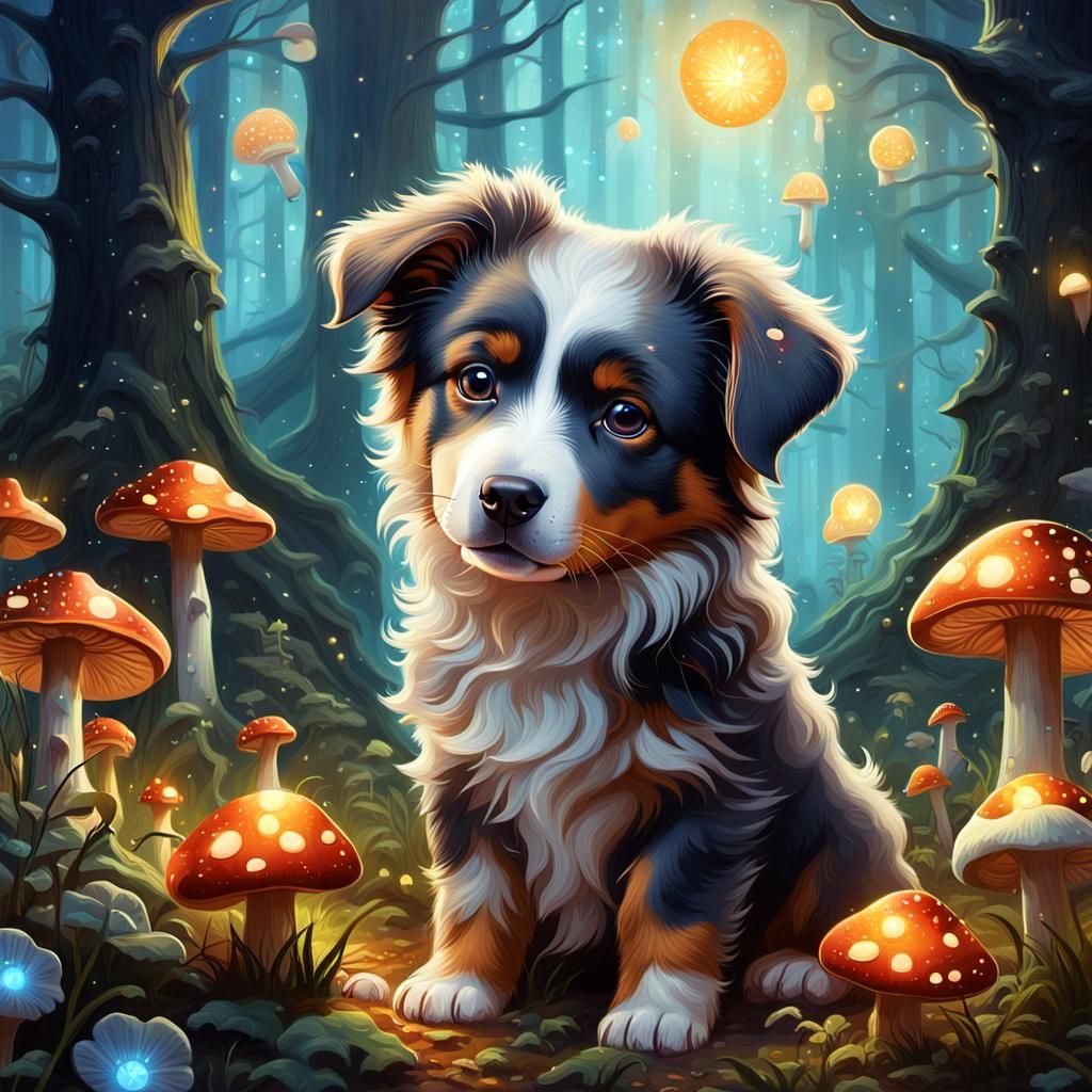 Australian Shepherd Puppy in Whimsical Forest Oil Painting
