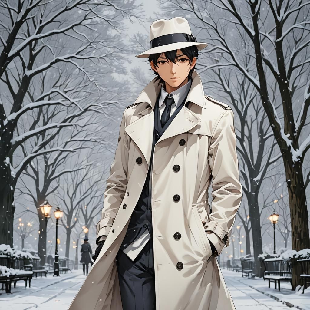 Anime Boy in White Coat Stands in Snowy Park