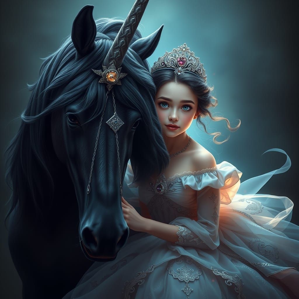 Princess in Elegant Gown with Majestic Black Unicorn