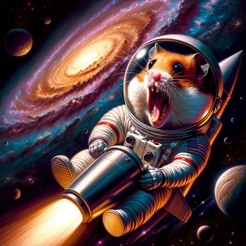 Terrified Hamster Astronaut in Galactic Oil Painting