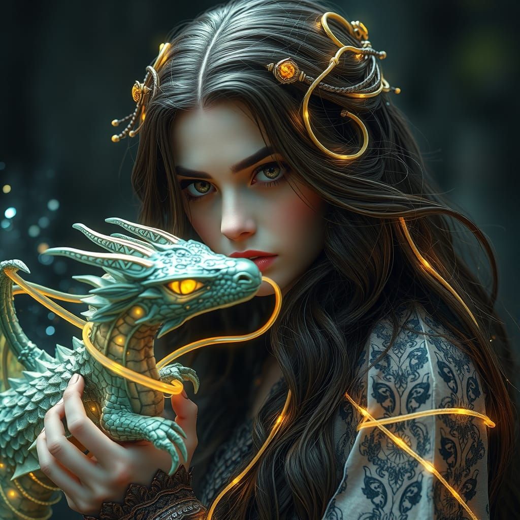 Sorceress with Energy Dragon in Ethereal Setting