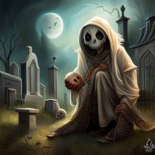 Whimsical Spooky Ghosts Playing Ball on Graveyard