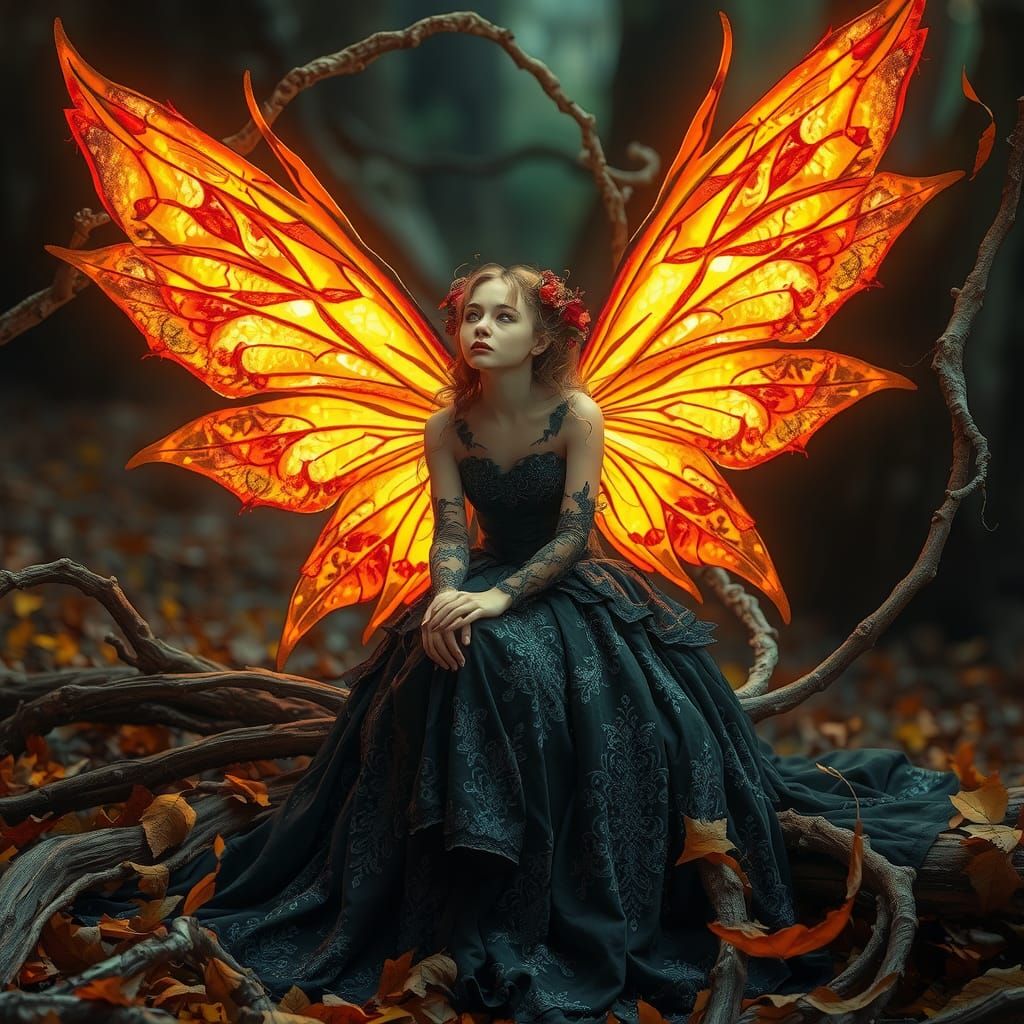 Enchanting Fairy with Fiery Wings in Autumnal Scene