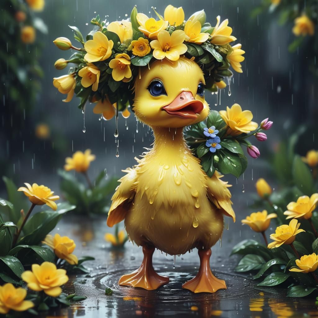 Adorable Duckling with Flower Wreath in the Rain