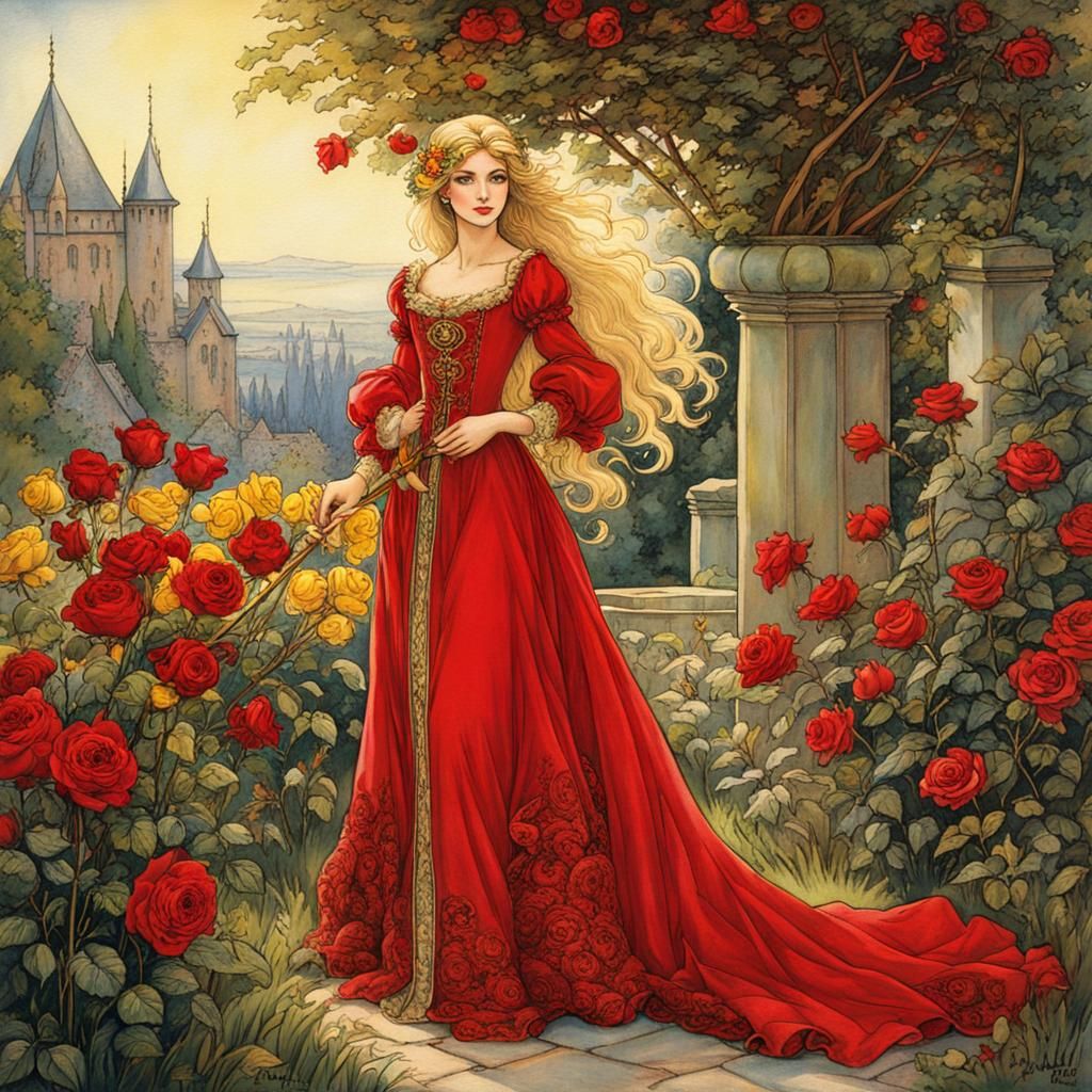 Medieval Maiden in Rose Garden, Rackham Style