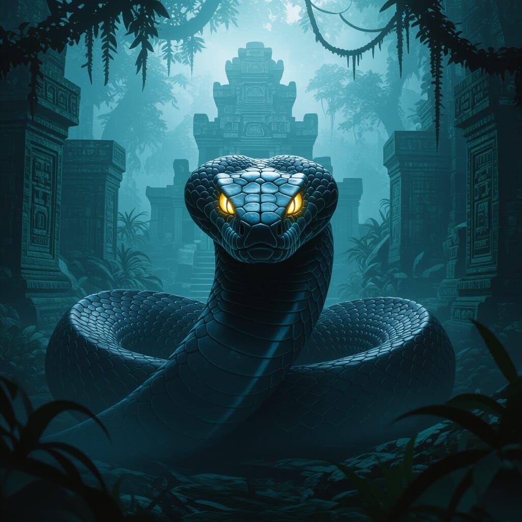 Sinister Snake Villain in Foggy Jungle