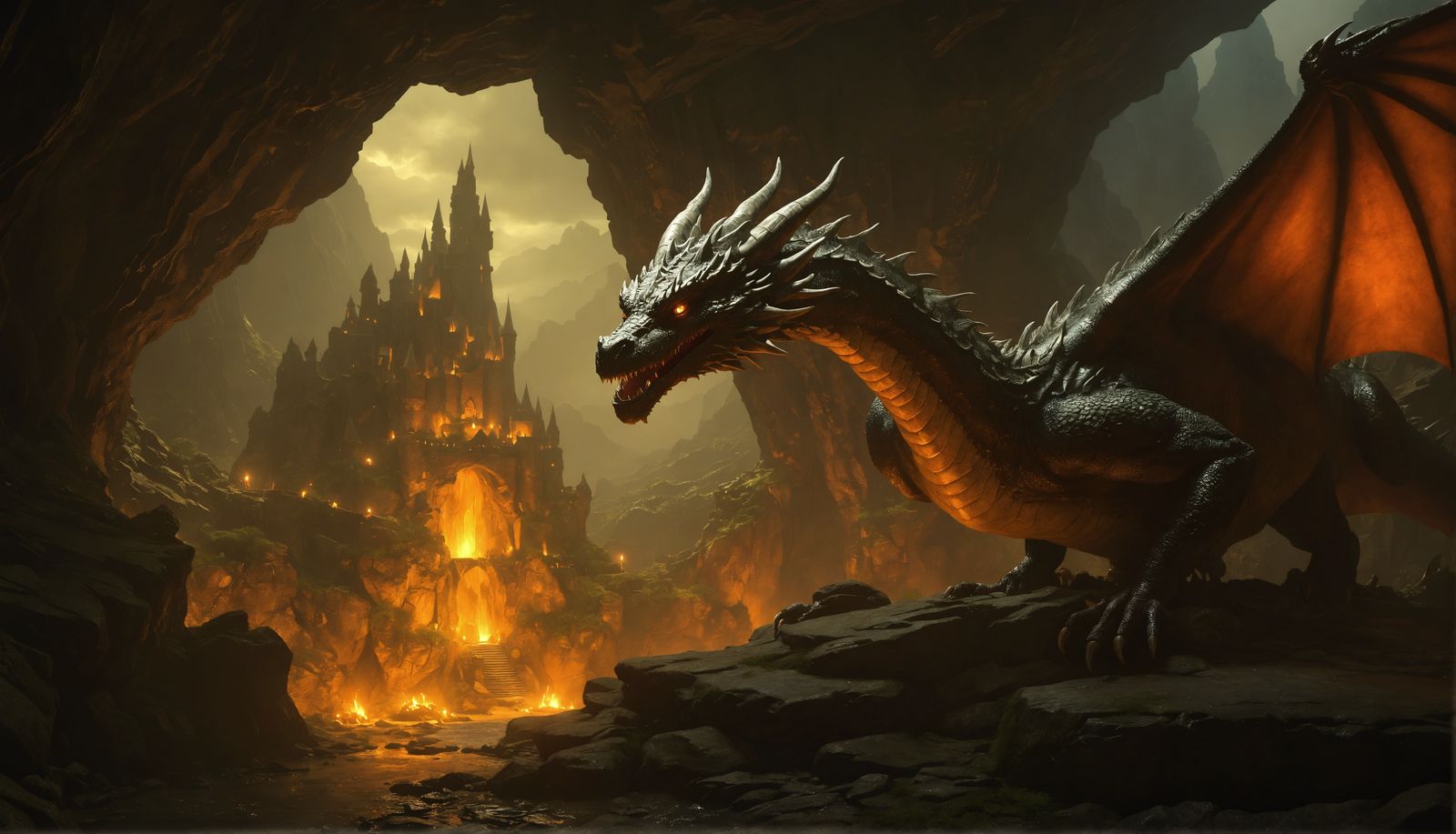 Dragon's Luminous Lair: depicts Dragon's Lair, soft diffussion technique, emphasis in high definition, ultra-realism, dr...