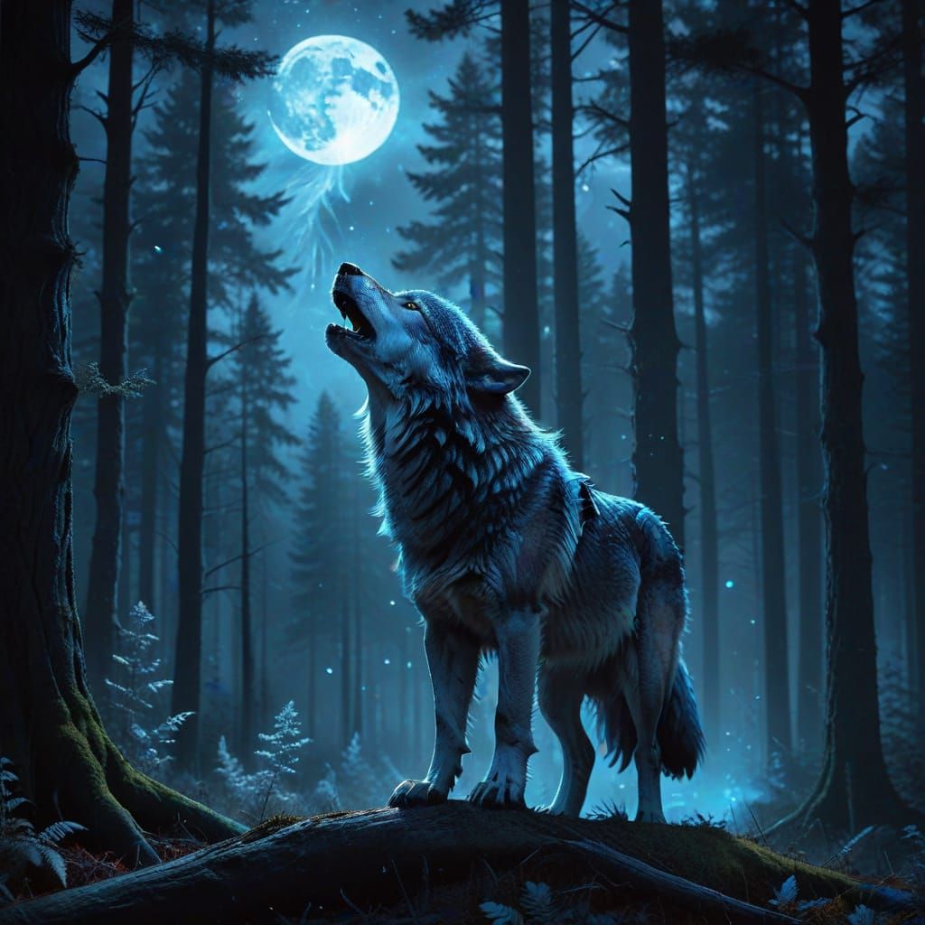 Wolf Howling in Surreal Forest: Double Exposure Art