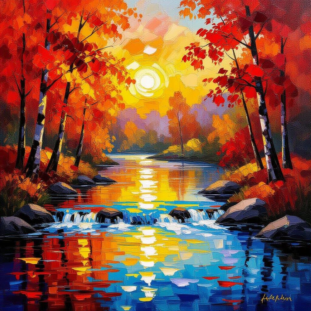 Autumn River Landscape in Expressive Impasto Style