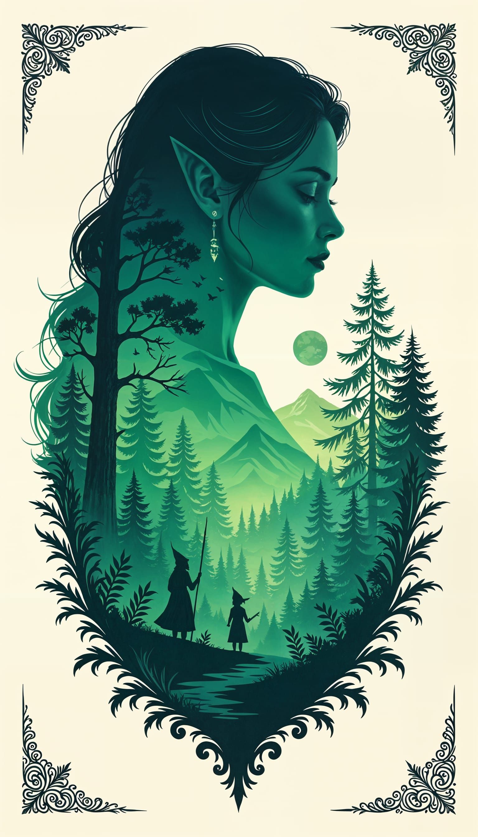 Forest Elves and Gnomes Within Woman Silhouette