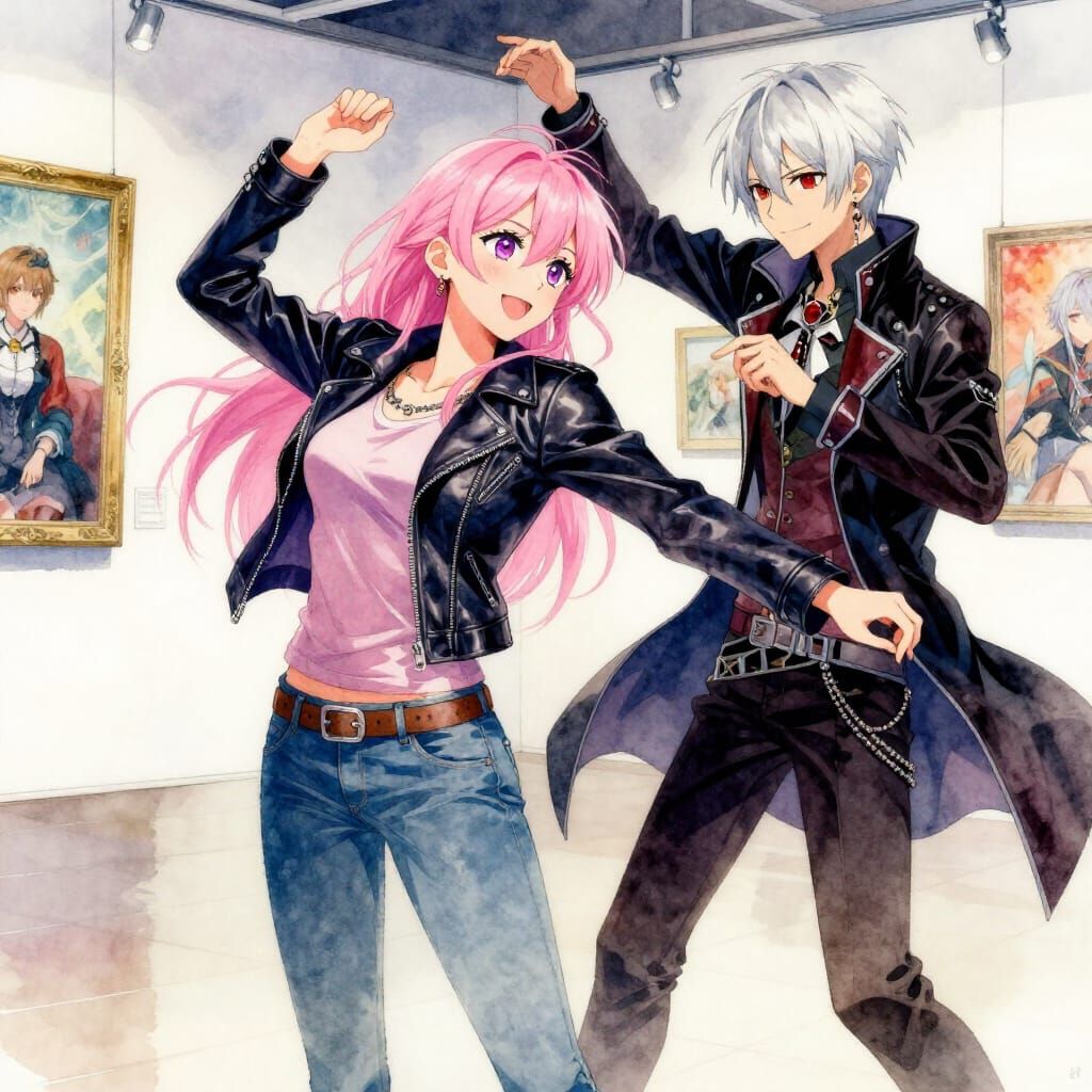 Couple Dancing in Art Gallery Watercolor Style