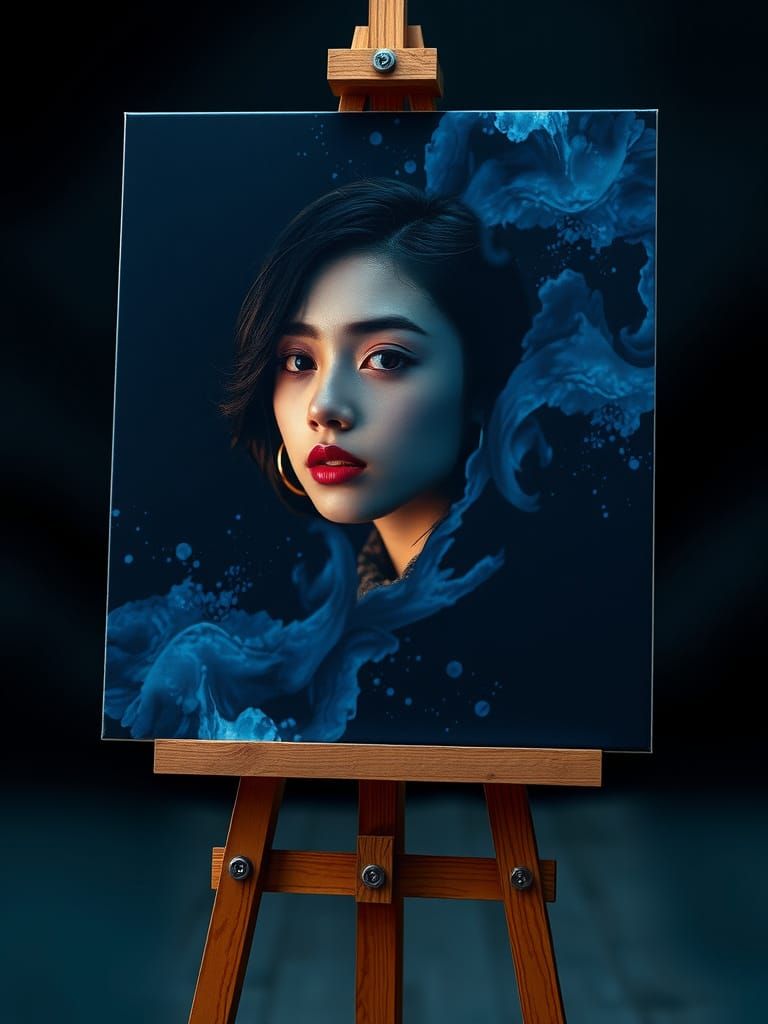 On a stretched canvas, propped on a wooden easel, a 3D volumetric lighting, cinematic keyframe of a young woman, frozen ...