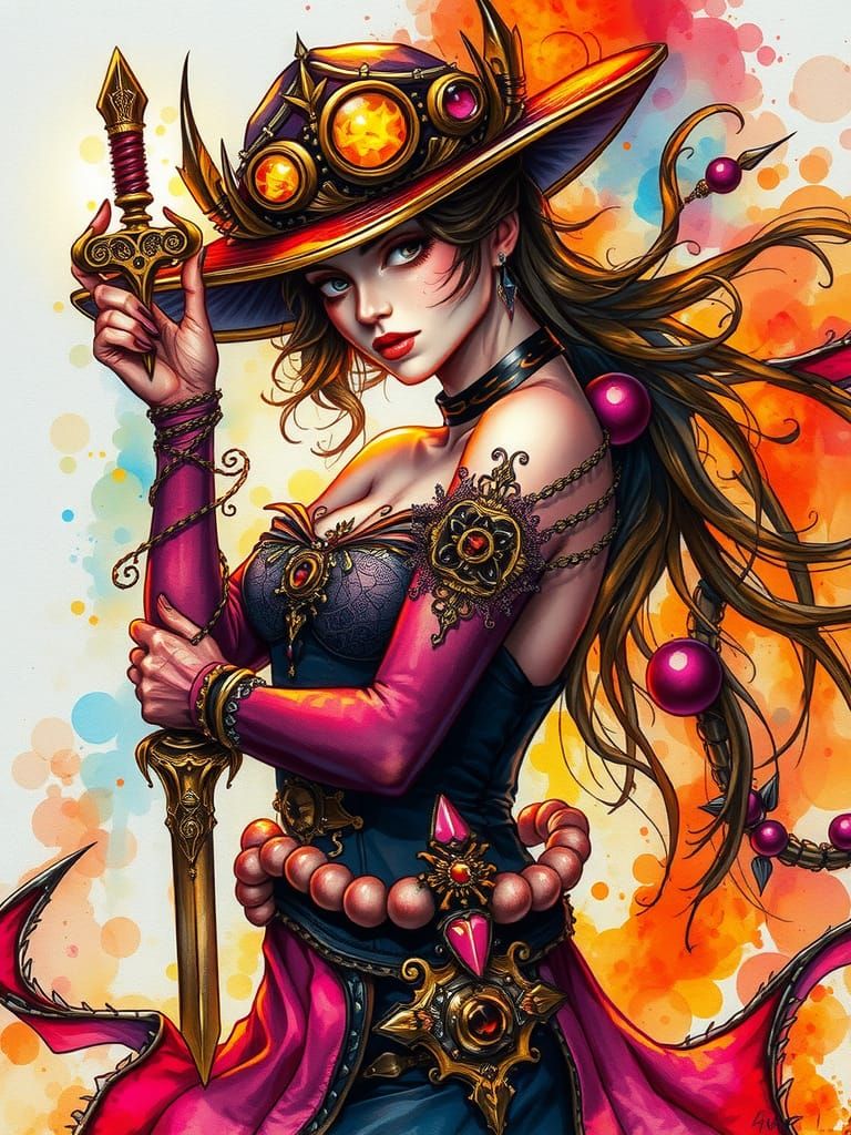 Steampunk Battle Mage Portrait in Alcohol Ink Style