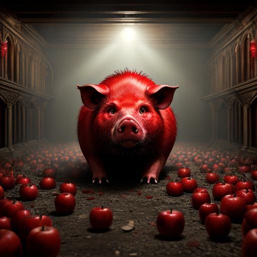 Hyperrealistic Red Pig in Apple Crypt