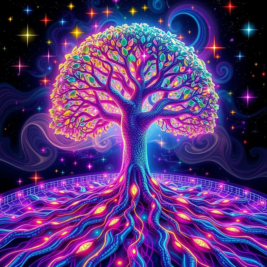 Surreal Tree of Life Swirls with Neon Stars in a Digital Rea...