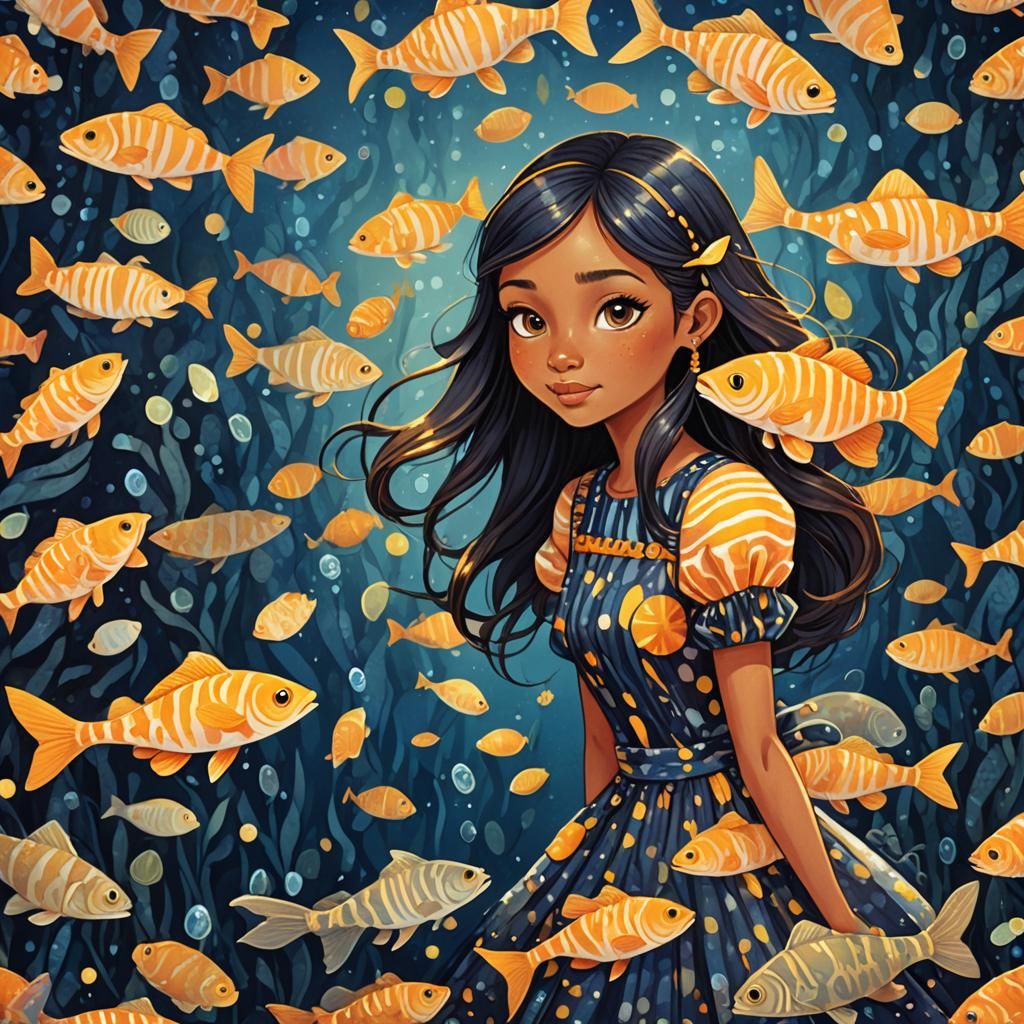 A whimsical illustration of an orange and yellow striped cat...