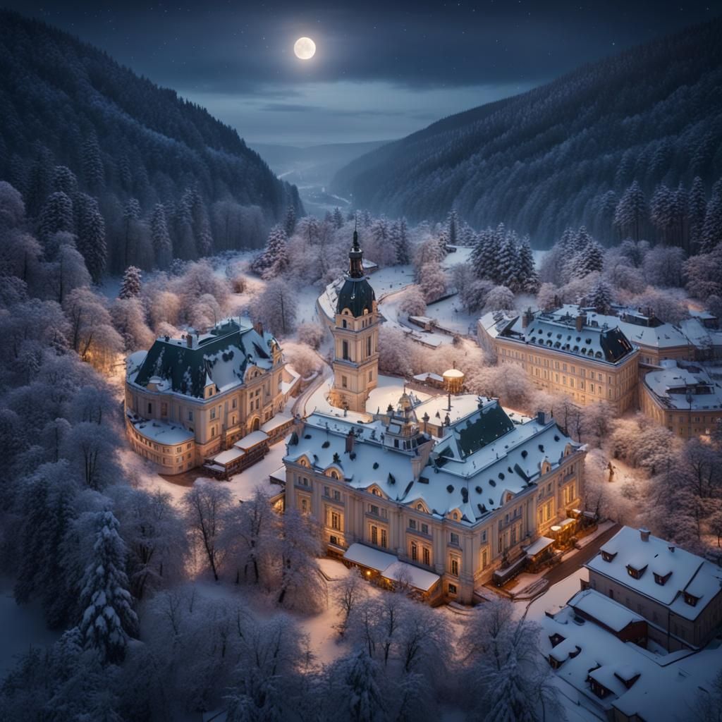 Snowy Karlovy Vary Night Aerial View