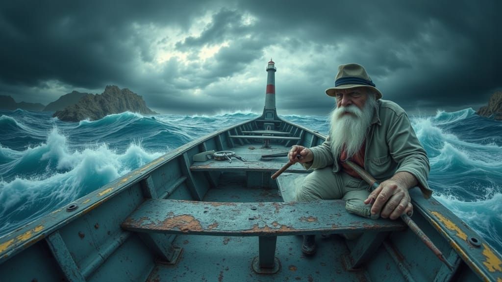 Fisherman Battles Giant Fish in Stormy Seas
