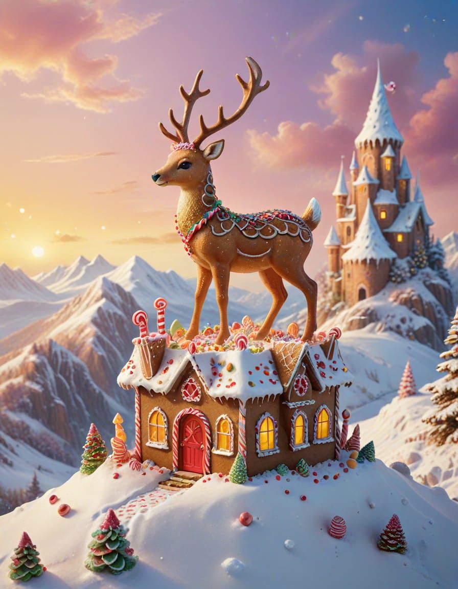 Gingerbread Deer Guards Candy Fortress, Victorian Confection...