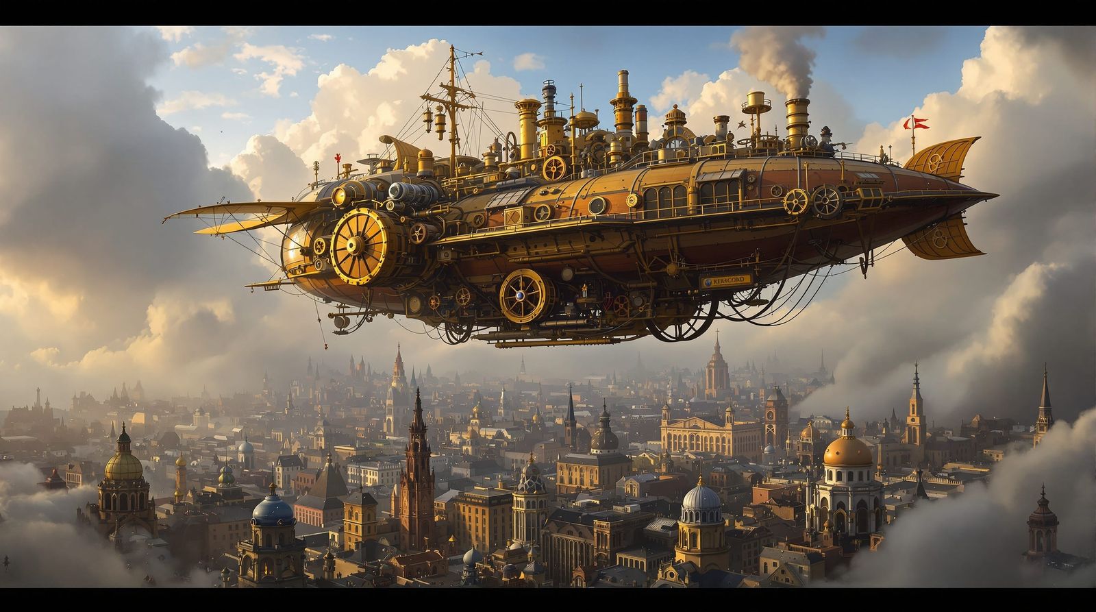 Steampunk Airship Soaring Over Victorian City as Matte Paint...