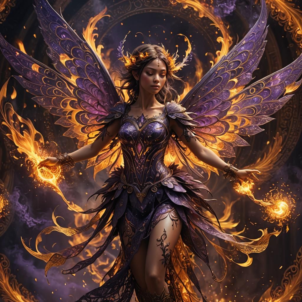 Fire Fairy with Mandala Wings in Dark Fantasy Art