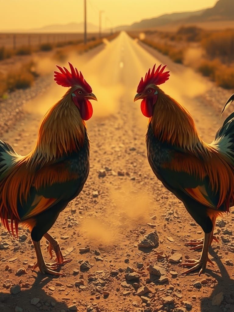 Roosters Face Off on Desert Highway as Oil Painting